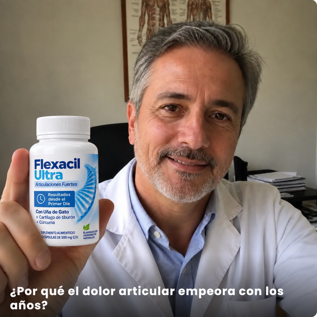 Especialista Flexacil sosteniendo el producto — ¿Por qué el dolor articular empeora con los años?